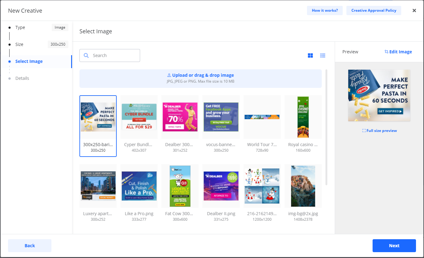 Screenshot of the 'Select Image' step in the creative wizard, showing a gallery of available images and a preview of the selected pasta ad.