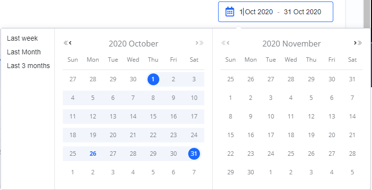 Screenshot of a date range picker, showing the month of October 2020 selected, with calendar views for October and November.