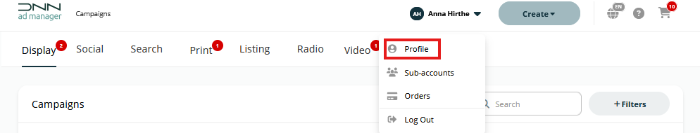 Screenshot of the user profile dropdown menu in the top-right corner of the platform. The 'Profile' option is highlighted to show how to navigate to the account settings pages.