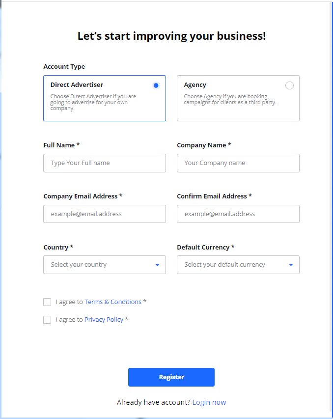 Screenshot of the main login page, showing the fields for entering an Email Address and Password above the 'Submit' button.