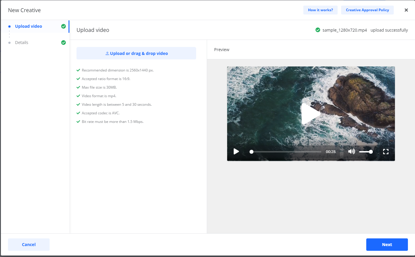 Screenshot of the 'Upload video' step after a successful upload, showing all video specifications met and a preview of the video.