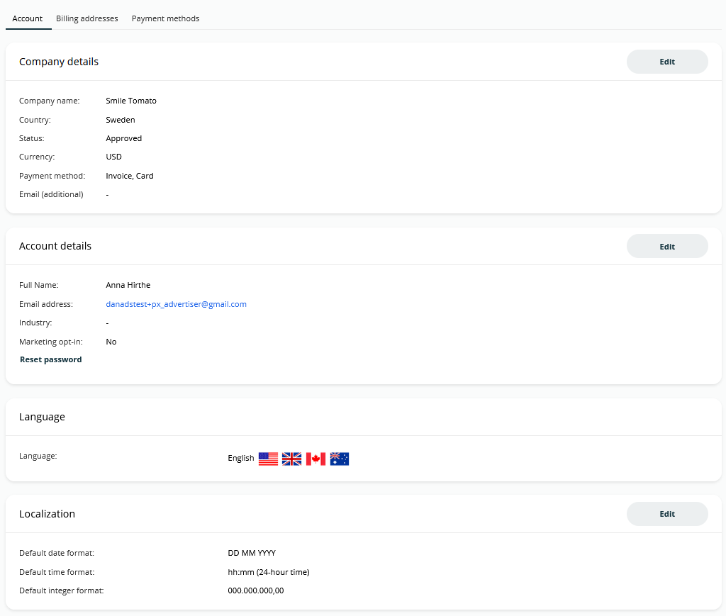 Screenshot of the main 'Account' tab within the user's profile settings. It displays the 'Company details', 'Account details', and 'Language and Localization' sections.