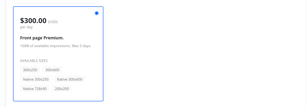 Screenshot of the 'Front page Premium' deal option, showing a price of 300.00 per day and a list of available ad sizes.