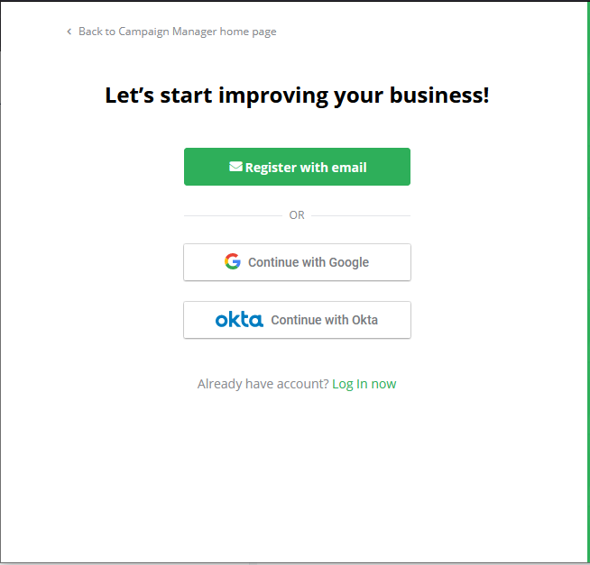 Screenshot of the main sign-up screen, showing the two primary registration methods a prominent 'Continue with Google' button and the form fields for standard email registration.