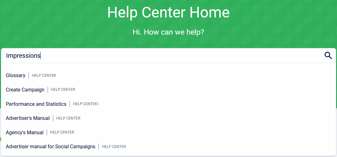 The Help Center home page with 'Impressions' being typed into the search bar and a list of help topics below.