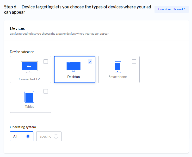 Screenshot of the 'Device targeting' step, showing the 'Device category' and 'Operating system' options, with 'Desktop' and 'All' selected.