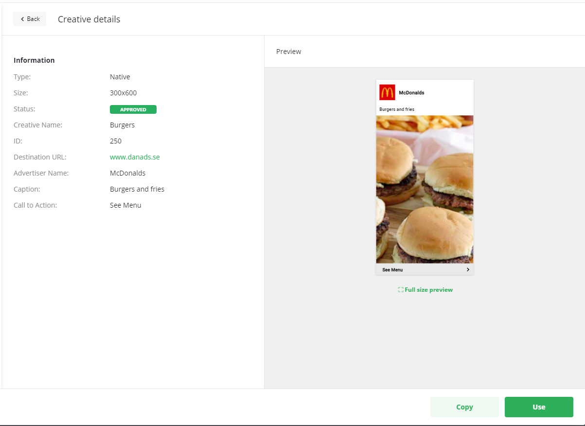 Screenshot of the 'Creative details' page, showing the information and a preview for an approved native ad.