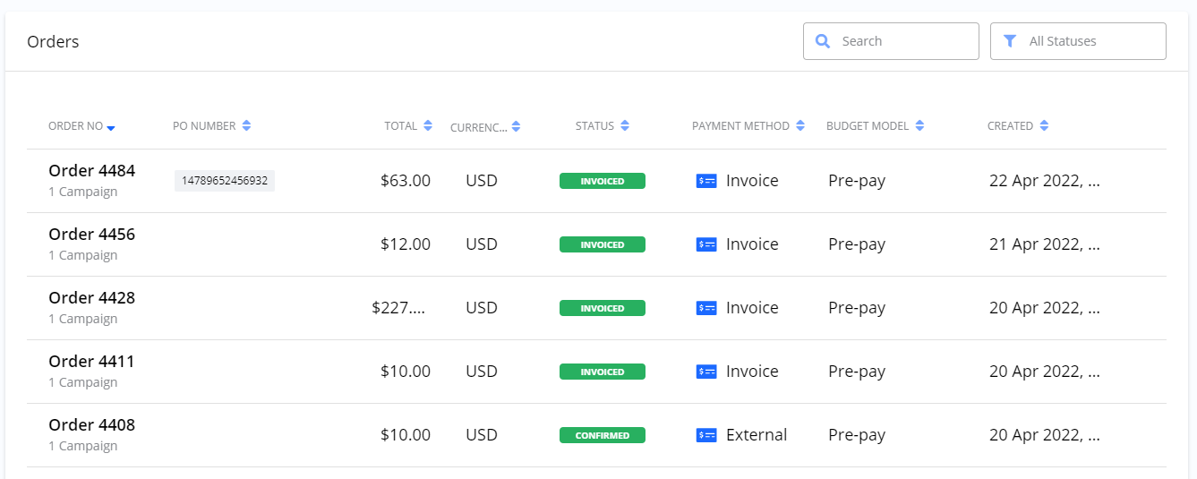Screenshot of the 'Orders' list page, showing a table of multiple orders with their number, status, payment method, and other details.