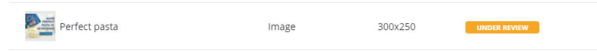 Screenshot of a creative named 'Perfect pasta' in the creative list, showing its status as 'UNDER REVIEW'.