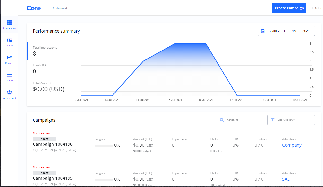 Screenshot of the main dashboard, showing a performance summary graph with weekly impressions and a list of draft campaigns below.