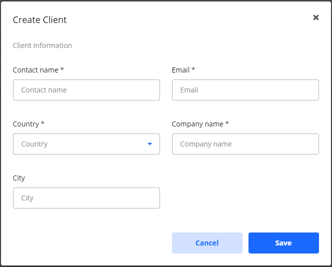 Screenshot of the 'New Client' modal window, showing the input fields for 'Contact name', 'Email Address', and 'Company name', along with the 'Save' button.