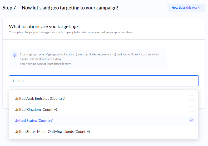 Screenshot of the 'Geo targeting' step, showing the user selecting 'United States (Country)' from a location search results list.