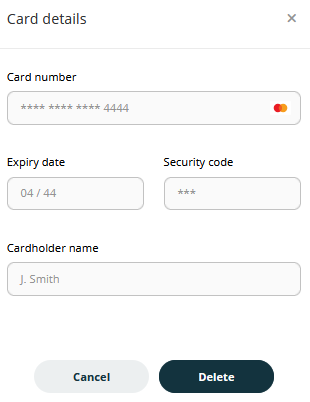 Screenshot of the 'View Card Details' pop-up. It displays the Cardholder name, the last four digits of the card number, and the Expiration date for a saved payment method.