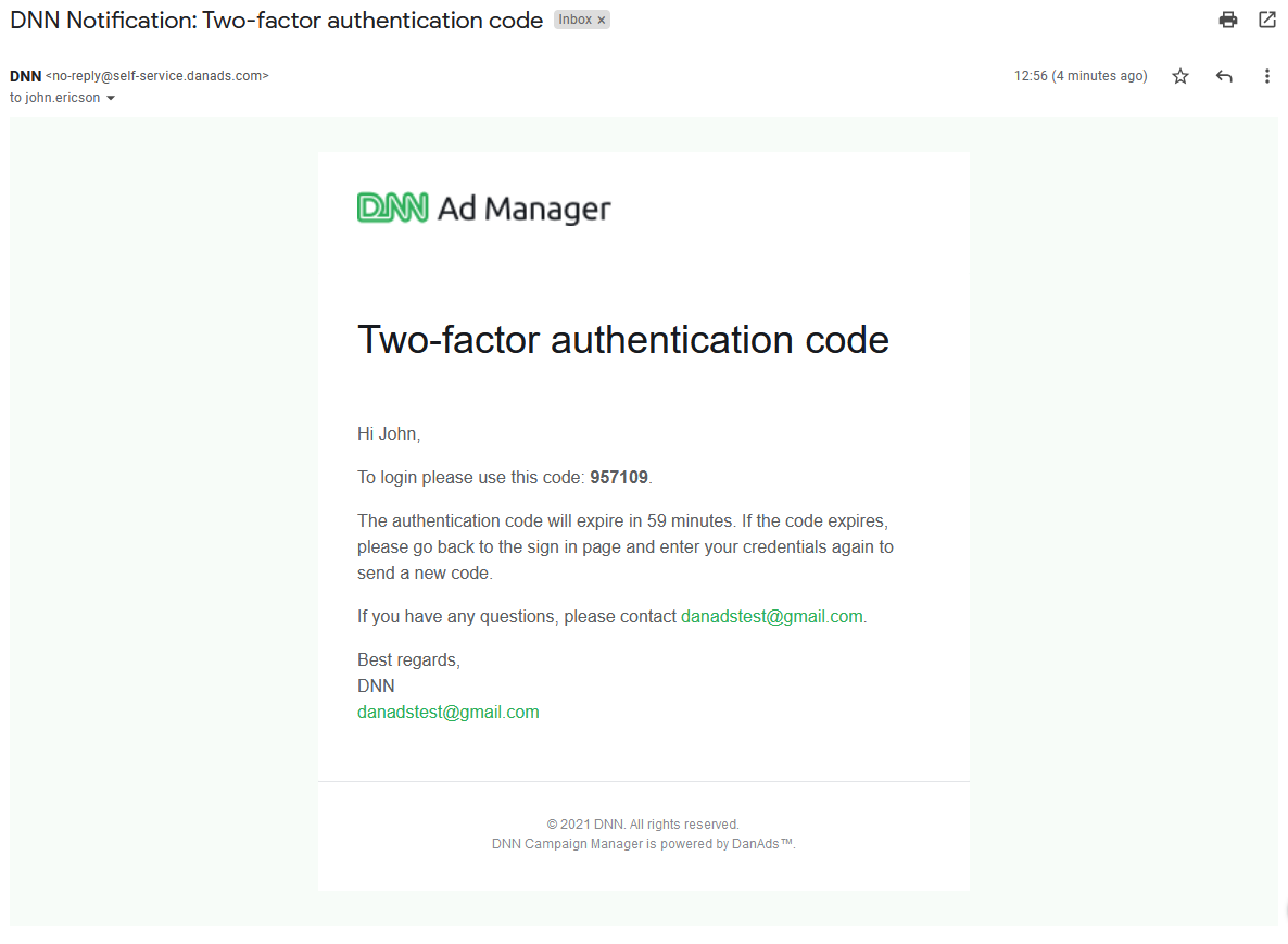 Screenshot of the Two-Factor Authentication email, showing an example of the 6-digit access code a user will receive.
