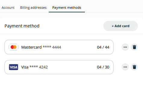 Screenshot of the 'Payment Methods' tab, displaying a list of saved credit cards with 'View' and 'Delete' options, and a prominent 'Add new card' button.