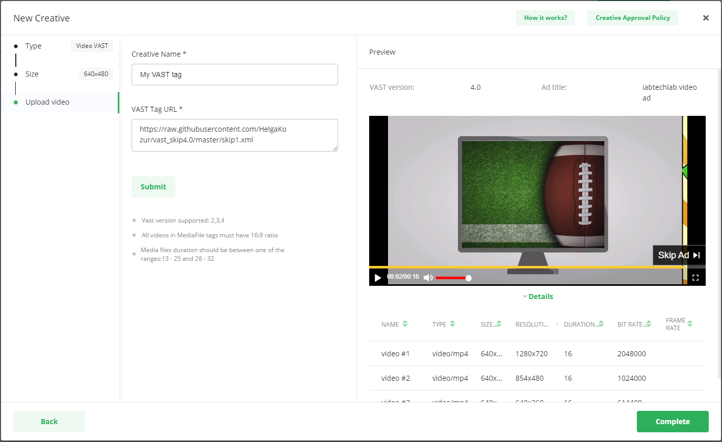 Screenshot of the VAST creative setup screen, showing the VAST tag URL input, a preview of the resulting video ad, and a details section listing the media files.