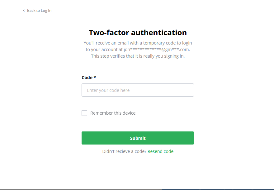 Screenshot of the Two-Factor Authentication screen on the Platform, showing the field where a user must enter the access code.